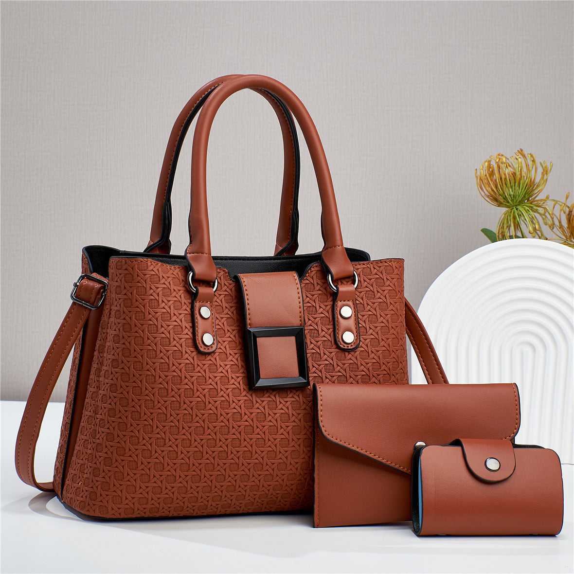 Sac bandoulière femme 3 pièces grande capacité, texture élégante